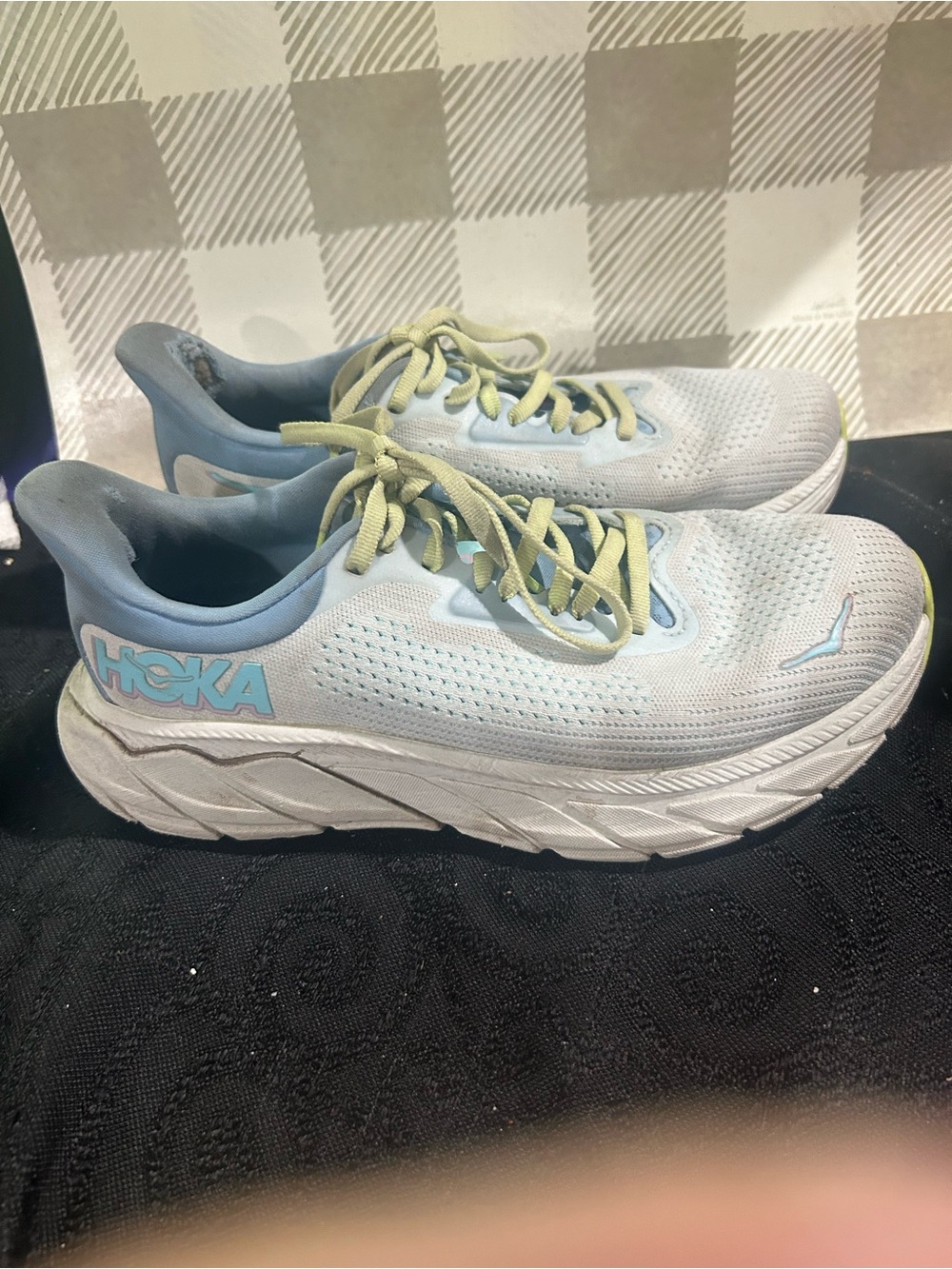 Ladies Hoka Pale Blue with Light Yellow Laces Running Sneakers